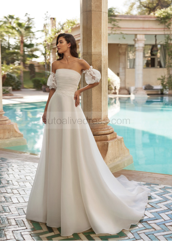 Strapless Ivory Pleated Organza Lace Dreamy Wedding Dress